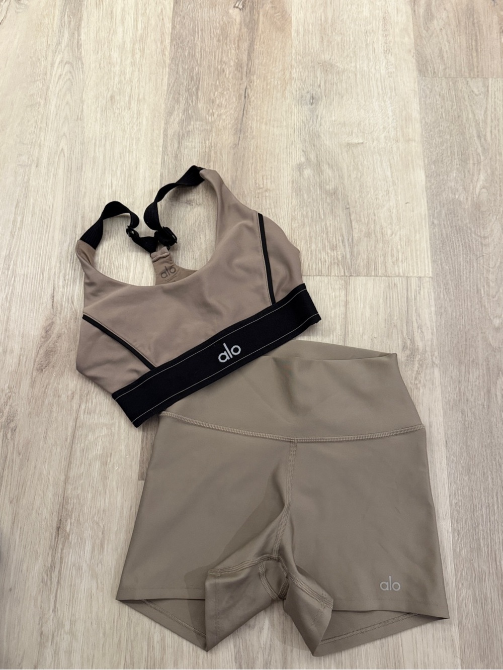 ALO Yoga Taupe Sports Bra & High-Rise Shorts Set